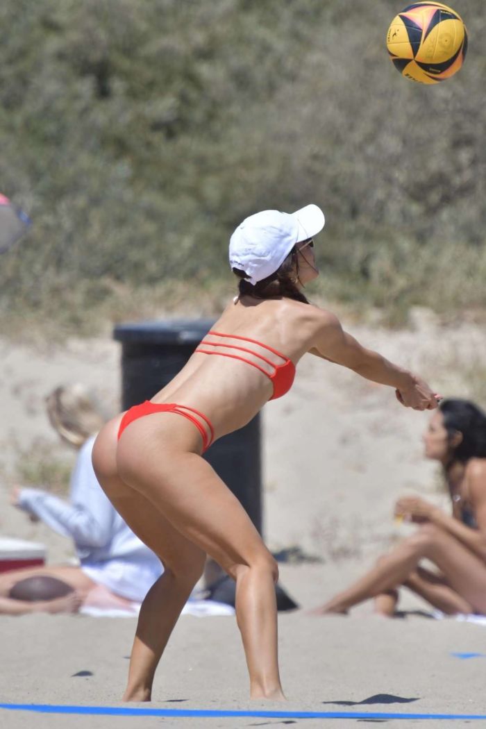 Camila Coelho Playing Beach Volleball In A Red Bikini In Santa Monica